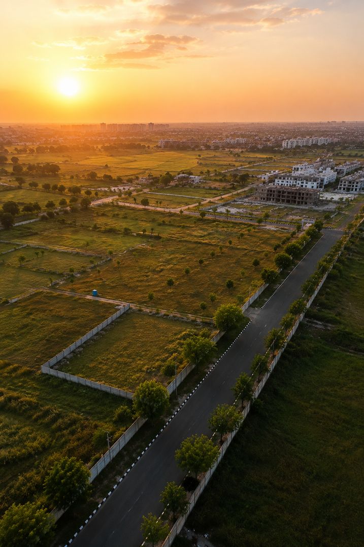 Wide drone shot at golden hour, open land